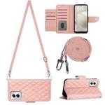 For Motorola Moto G Power 5G 2024 Rhombic Texture Flip Leather Phone Case with Long Lanyard(Coral Pink)