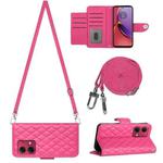 For Motorola Moto G84 Rhombic Texture Flip Leather Phone Case with Long Lanyard(Rose Red)