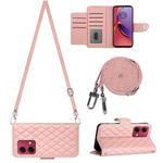 For Motorola Moto G84 Rhombic Texture Flip Leather Phone Case with Long Lanyard(Coral Pink)