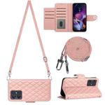 For Motorola Moto G54 Rhombic Texture Flip Leather Phone Case with Long Lanyard(Coral Pink)