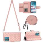 For Motorola Edge 40 Neo Rhombic Texture Flip Leather Phone Case with Long Lanyard(Coral Pink)