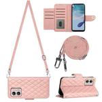 For Motorola Moto G53 / G23 / G13 Rhombic Texture Flip Leather Phone Case with Long Lanyard(Coral Pink)