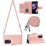 For Motorola Moto G 5G 2022 Rhombic Texture Flip Leather Phone Case with Long Lanyard(Coral Pink)
