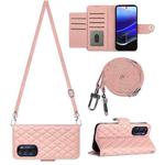 For Motorola Moto G Stylus 5G 2022 Rhombic Texture Flip Leather Phone Case with Long Lanyard(Coral Pink)