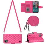 For Nokia C12 Rhombic Texture Flip Leather Phone Case with Long Lanyard(Rose Red)
