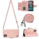 For Nokia C12 Rhombic Texture Flip Leather Phone Case with Long Lanyard(Coral Pink)