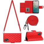 For Nokia C32 Rhombic Texture Flip Leather Phone Case with Long Lanyard(Red)