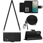 For Nokia C32 Rhombic Texture Flip Leather Phone Case with Long Lanyard(Black)