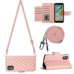 For Nokia C02 Rhombic Texture Flip Leather Phone Case with Long Lanyard(Coral Pink)