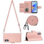 For OPPO A17 Rhombic Texture Flip Leather Phone Case with Long Lanyard(Coral Pink)