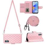 For OPPO A17 Rhombic Texture Flip Leather Phone Case with Long Lanyard(Pink)