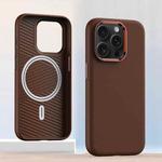 For iPhone 12 Pro Max Metal Lens Frame Leather Magsafe Full Coverage Shockproof Phone Case(Brown)