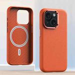 For iPhone 13 Metal Lens Frame Leather Magsafe Full Coverage Shockproof Phone Case(Orange)