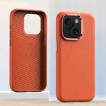 For iPhone 15 Metal Lens Frame Leather Full Coverage Shockproof Phone Case(Orange)