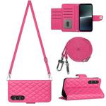 For Sony Xperia 1 V Rhombic Texture Flip Leather Phone Case with Long Lanyard(Rose Red)