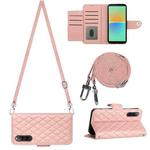 For Sony Xperia 10 IV Rhombic Texture Flip Leather Phone Case with Long Lanyard(Coral Pink)