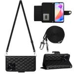For Honor X6a Rhombic Texture Flip Leather Phone Case with Long Lanyard(Black)
