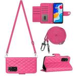 For Xiaomi Redmi Note 11S / Note 11 Global Rhombic Texture Flip Leather Phone Case with Long Lanyard(Rose Red)