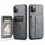 For iPhone 11 Pro Max Fierre Shann Oil Wax Cow Leather Card Holder Back Phone Case(Grey)