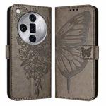 For OPPO Find X7 Ultra Embossed Butterfly Leather Phone Case(Grey)