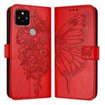 For Google Pixel 5 Embossed Butterfly Leather Phone Case(Red)