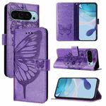 For Google Pixel 9 Pro XL Embossed Butterfly Leather Phone Case(Purple)