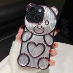 For iPhone 15 Bear Shaped Embossed Electroplated Laser TPU Phone Case(Purple)