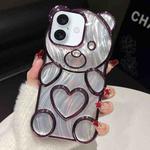 For iPhone 16 Bear Shaped Embossed Electroplated Laser TPU Phone Case(Purple)