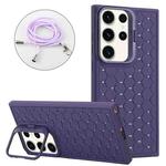 For Samsung Galaxy S24 Ultra 5G Honeycomb Radiating Lens Holder Magsafe Phone Case with Lanyard(Purple)