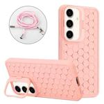 For Samsung Galaxy S24+ 5G Honeycomb Radiating Lens Holder Magsafe Phone Case with Lanyard(Pink)