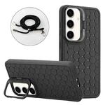 For Samsung Galaxy S24 5G Honeycomb Radiating Lens Holder Magsafe Phone Case with Lanyard(Black)