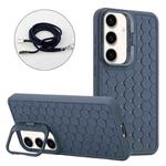 For Samsung Galaxy S24 5G Honeycomb Radiating Lens Holder Magsafe Phone Case with Lanyard(Blue)