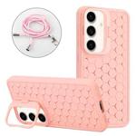 For Samsung Galaxy S24 5G Honeycomb Radiating Lens Holder Magsafe Phone Case with Lanyard(Pink)