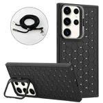 For Samsung Galaxy S23 Ultra 5G Honeycomb Radiating Lens Holder Magsafe Phone Case with Lanyard(Black)