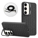 For Samsung Galaxy S23+ 5G Honeycomb Radiating Lens Holder Magsafe Phone Case with Lanyard(Black)