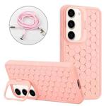 For Samsung Galaxy S23+ 5G Honeycomb Radiating Lens Holder Magsafe Phone Case with Lanyard(Pink)