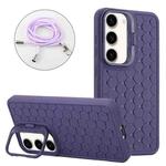 For Samsung Galaxy S23 5G Honeycomb Radiating Lens Holder Magsafe Phone Case with Lanyard(Purple)