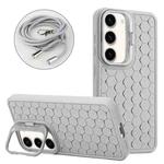 For Samsung Galaxy S23 5G Honeycomb Radiating Lens Holder Magsafe Phone Case with Lanyard(Grey)