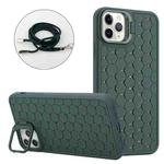 For iPhone 15 Pro Max Honeycomb Radiating Lens Holder Magsafe Phone Case with Lanyard(Green)