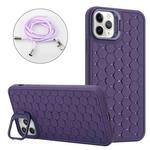 For iPhone 15 Pro Max Honeycomb Radiating Lens Holder Magsafe Phone Case with Lanyard(Purple)