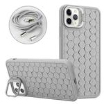 For iPhone 15 Pro Max Honeycomb Radiating Lens Holder Magsafe Phone Case with Lanyard(Grey)