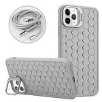 For iPhone 15 Pro Honeycomb Radiating Lens Holder Magsafe Phone Case with Lanyard(Grey)