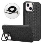 For iPhone 15 Plus Honeycomb Radiating Lens Holder Magsafe Phone Case with Lanyard(Black)