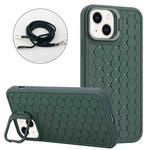 For iPhone 15 Plus Honeycomb Radiating Lens Holder Magsafe Phone Case with Lanyard(Green)