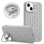 For iPhone 15 Plus Honeycomb Radiating Lens Holder Magsafe Phone Case with Lanyard(Grey)