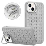 For iPhone 15 Honeycomb Radiating Lens Holder Magsafe Phone Case with Lanyard(Grey)