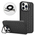 For iPhone 12 Pro Max Honeycomb Radiating Lens Holder Magsafe Phone Case with Lanyard(Black)