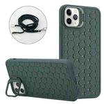 For iPhone 11 Pro Max Honeycomb Radiating Lens Holder Magsafe Phone Case with Lanyard(Green)