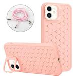 For iPhone 11 Honeycomb Radiating Lens Holder Magsafe Phone Case with Lanyard(Pink)