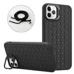 For iPhone 16 Pro Max Honeycomb Radiating Lens Holder Magsafe Phone Case with Lanyard(Black)